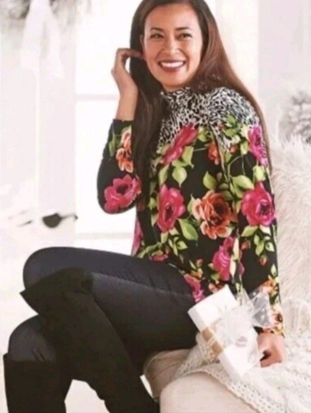 Susan Graver Floral Mock Neck Long-Sleeve Top - Black/Pink